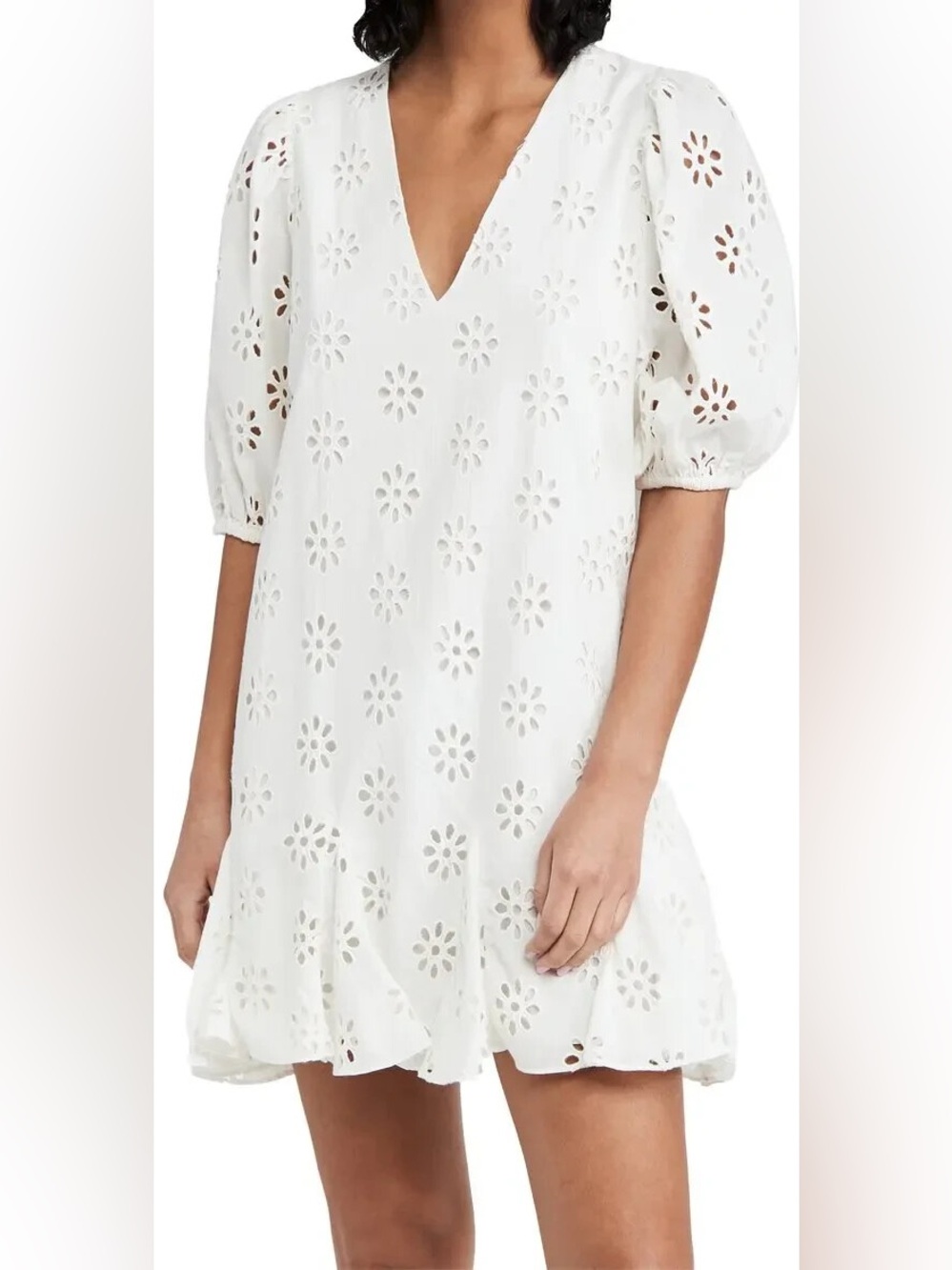 RHODE Saira Embroidered Eyelet Puff Sleeves Cotton Mini Dress Sz~X-Small